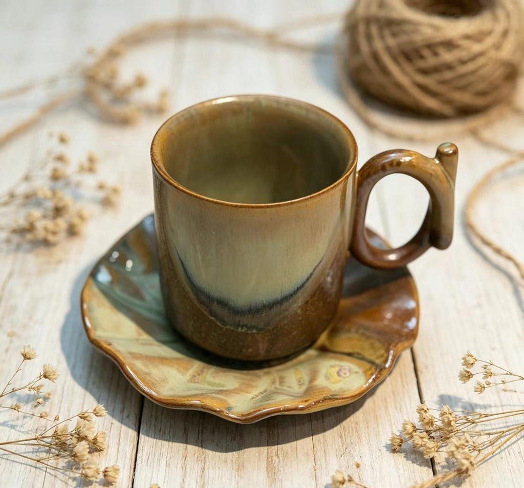 Jingdezhen Woodland Horizon Hand-Thrown Ceramic Mug & Saucer Set