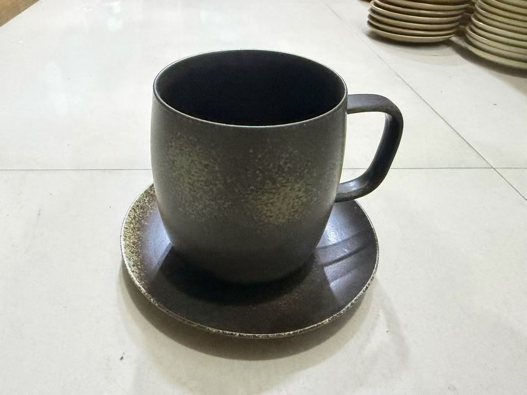 Obsidian Mist – Handcrafted Jingdezhen Matte Kiln-Glazed Mug & Saucer