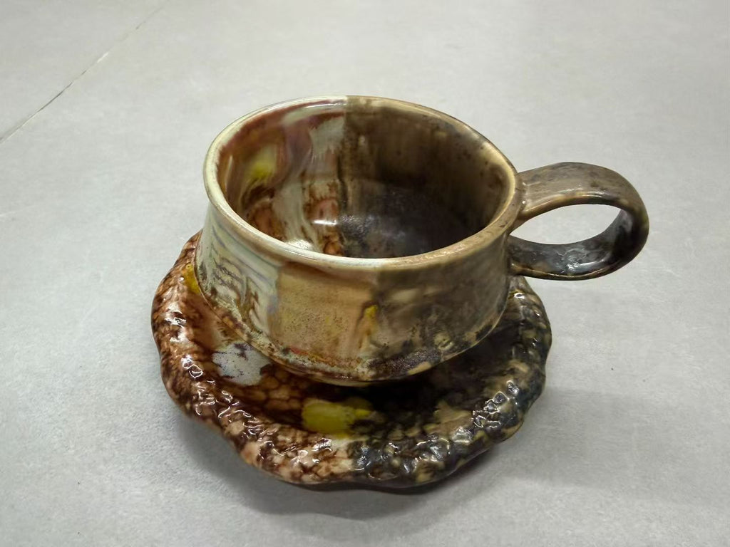 Split Two-Tone Fossil Mineral Wabi-Sabi Ceramic Mug Set | One-of-a-Kind Handmade Jingdezhen Cup & Saucer