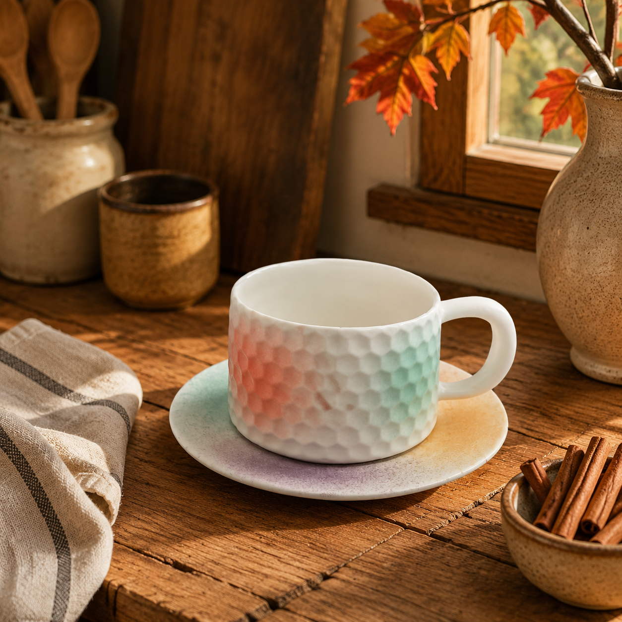 Aurora Hive – Handcrafted Hex-Relief Jingdezhen Mug & Saucer