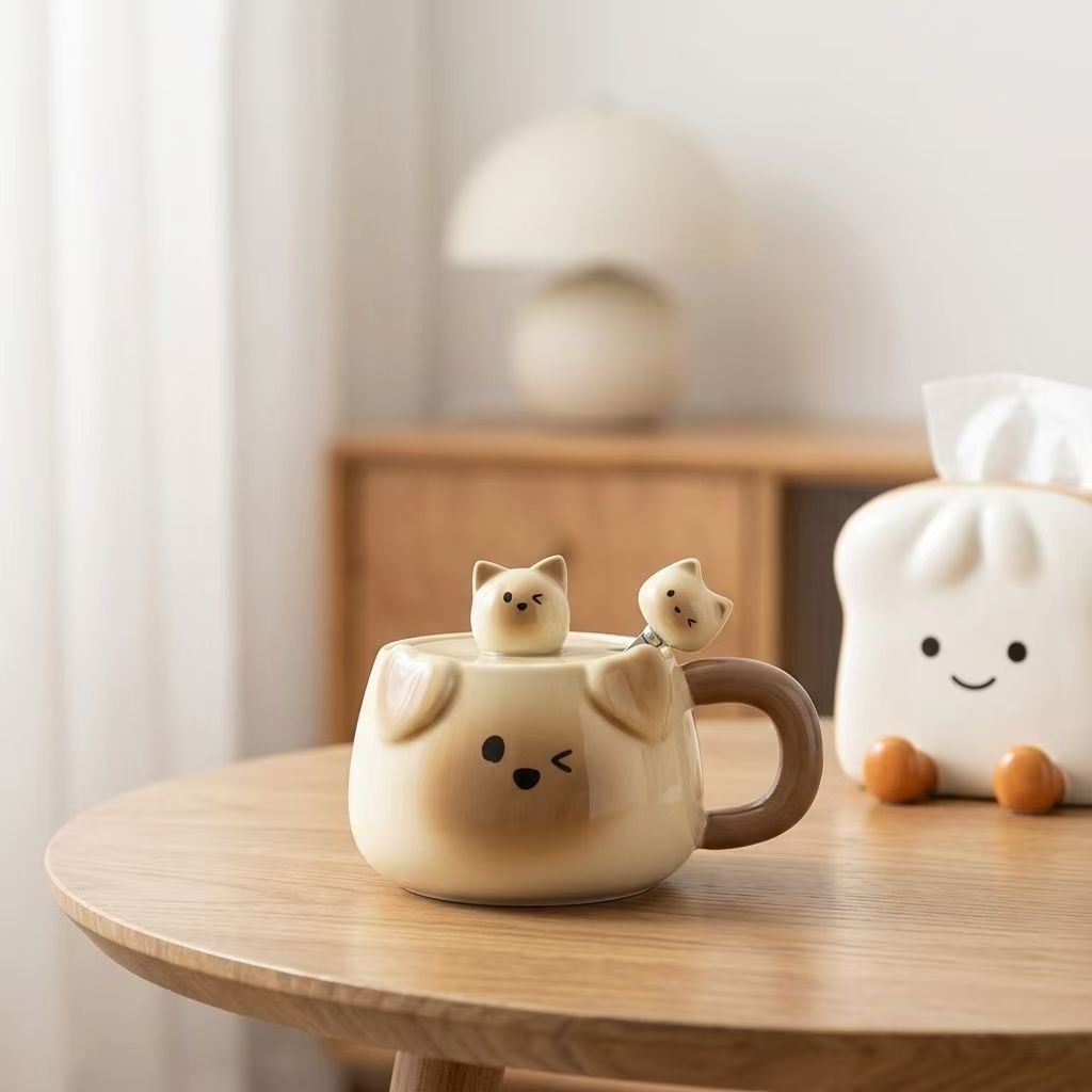 Kawaii Bear Whisper Lid Mug Set（non-handmade）