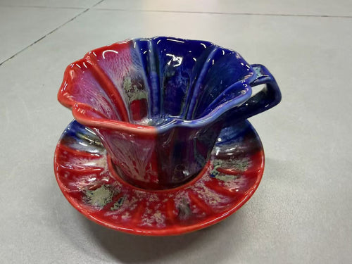 Aurora Kiln Bloom — Jingdezhen Jun-Style Flambé Glaze Floral-Rim Pour-Over Dripper Set