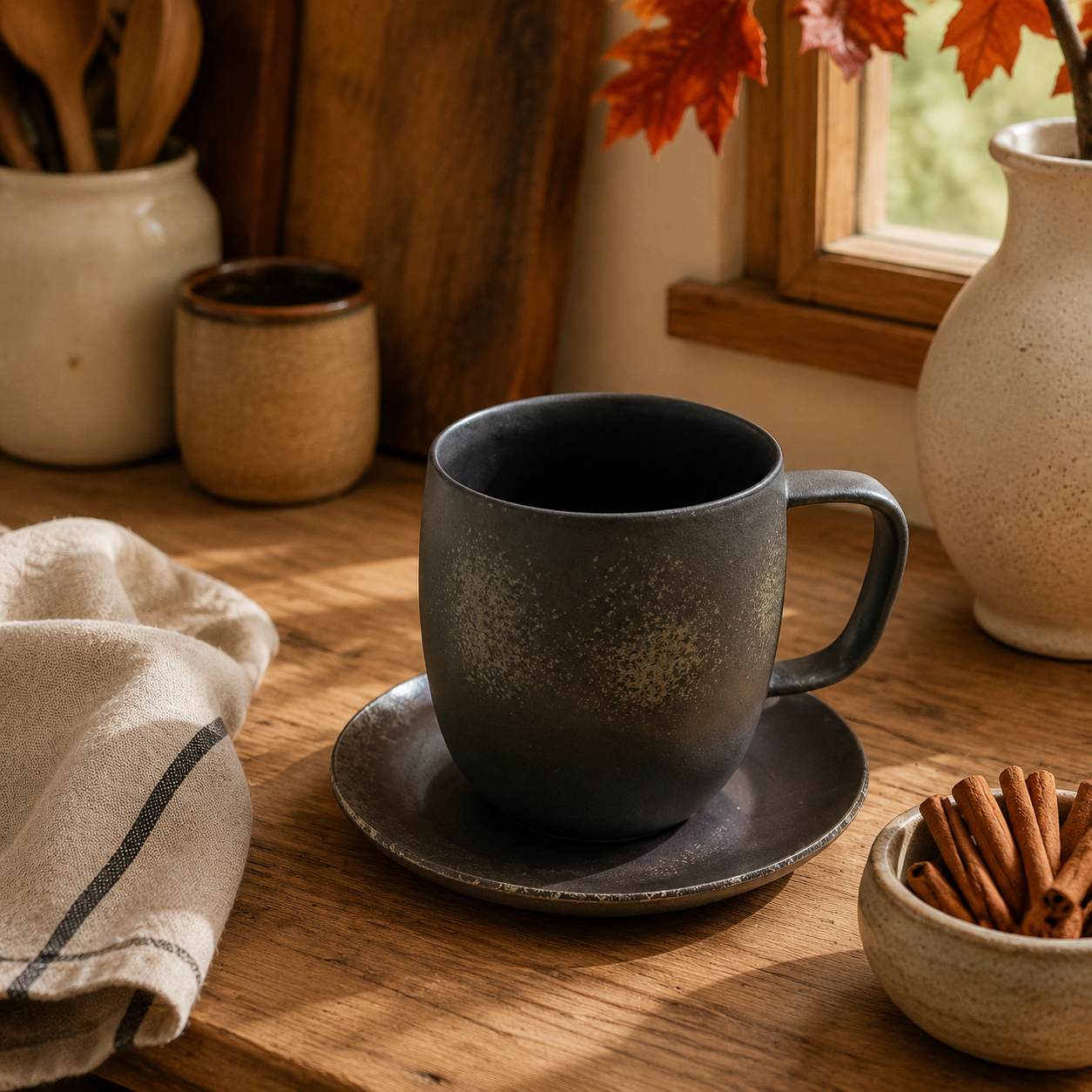 Obsidian Mist – Handcrafted Jingdezhen Matte Kiln-Glazed Mug & Saucer