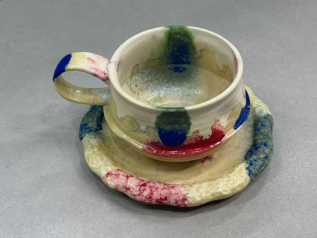 Handmade Watercolor Splash Wabi-Sabi Ceramic Mug Set | One-of-a-Kind Jingdezhen Irregular Cup & Saucer
