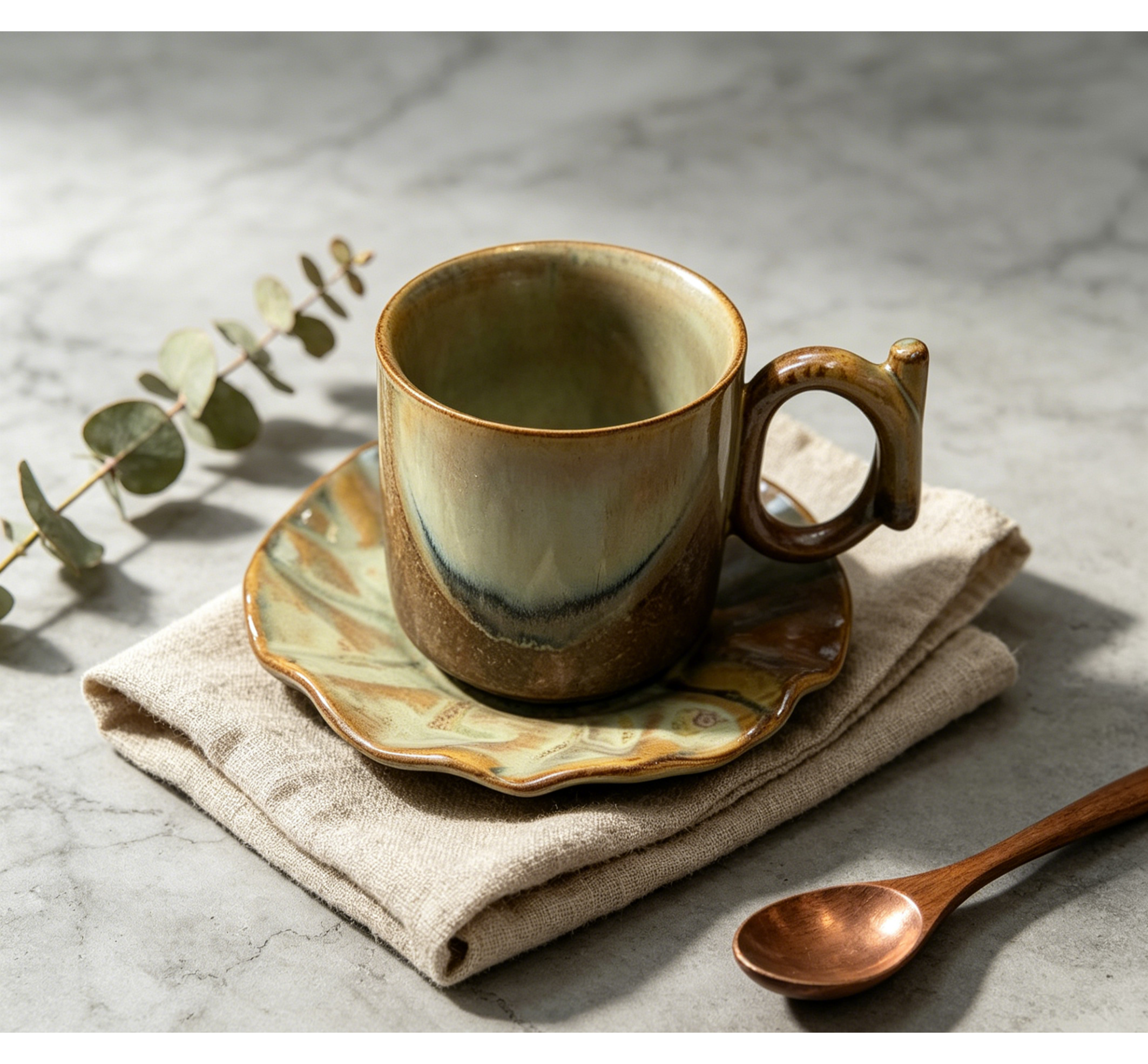 Jingdezhen Sunlit Amber Hand-Thrown Ceramic Mug & Saucer Set