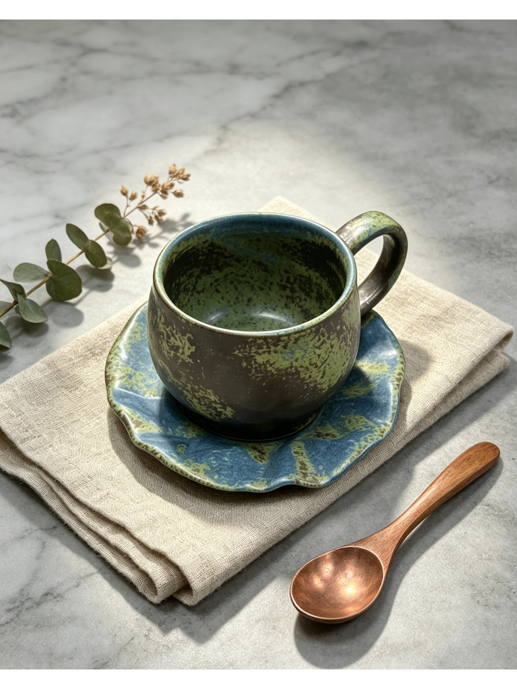 Jingdezhen Mossy Tide Hand-Thrown Ceramic Mug & Saucer Set