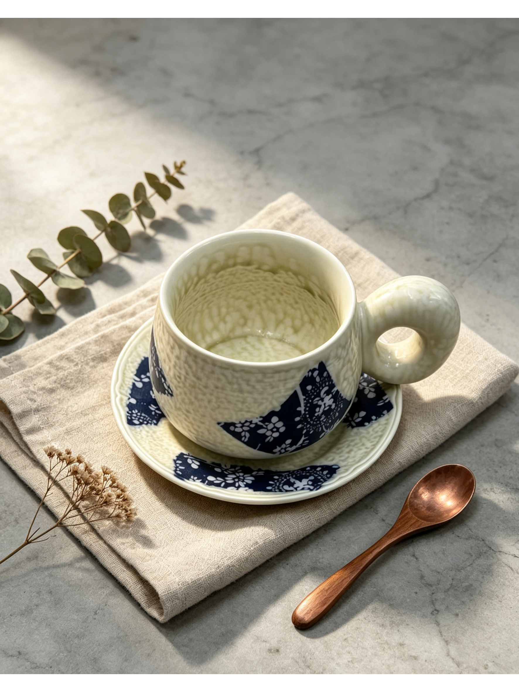 Jingdezhen Indigo Batik Hand-Thrown Ceramic Mug & Saucer Set