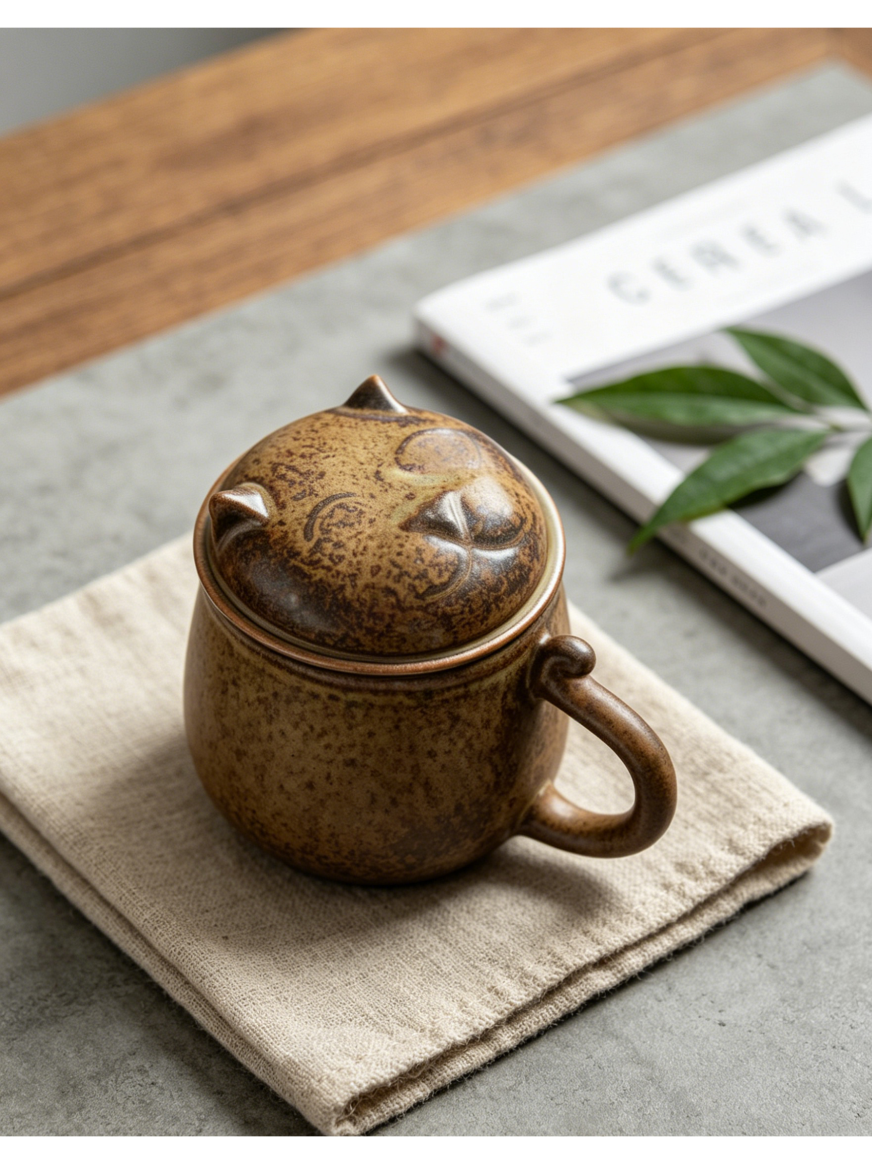 Kiln Whisker Amber Tabby — Handcrafted Jingdezhen Reactive Glaze Lidded Mug