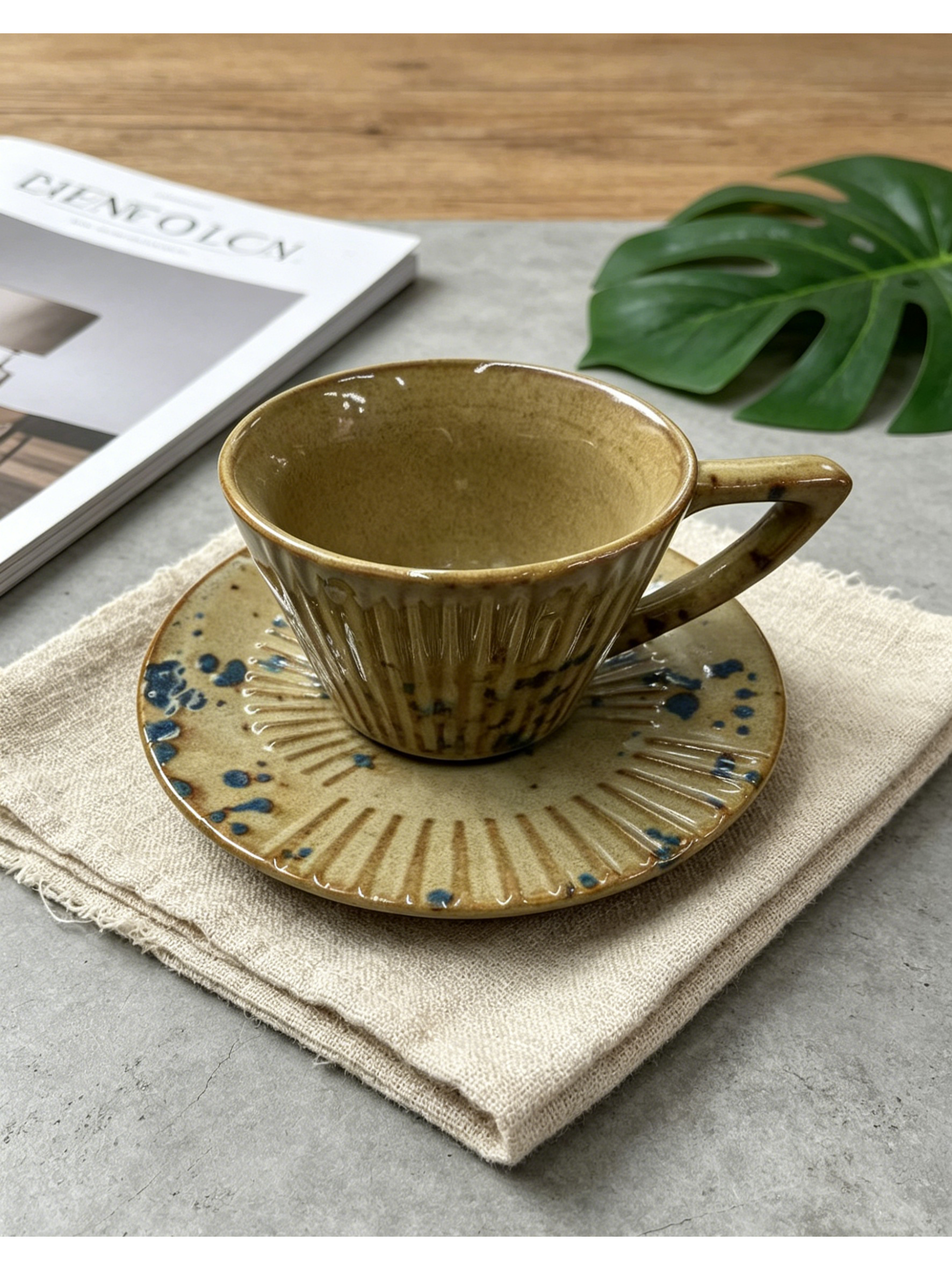 Fluted Kiln Snow — Jingdezhen Hand-Carved Sprinkled Cobalt Stoneware Cup & Saucer Set