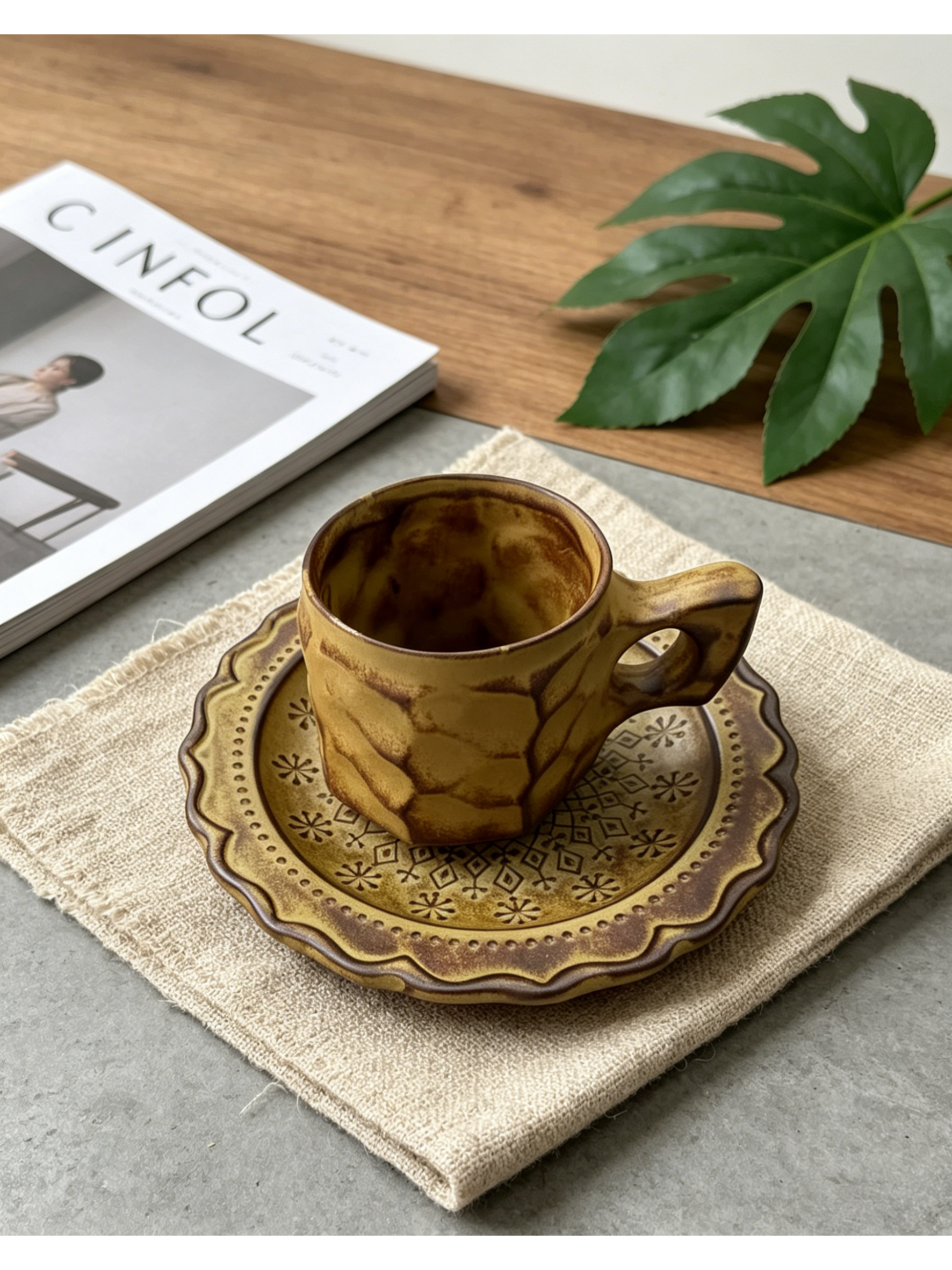 Hammered Honeycomb — Jingdezhen Hand-Chiseled Folk-Kiln Espresso Cup & Saucer Set