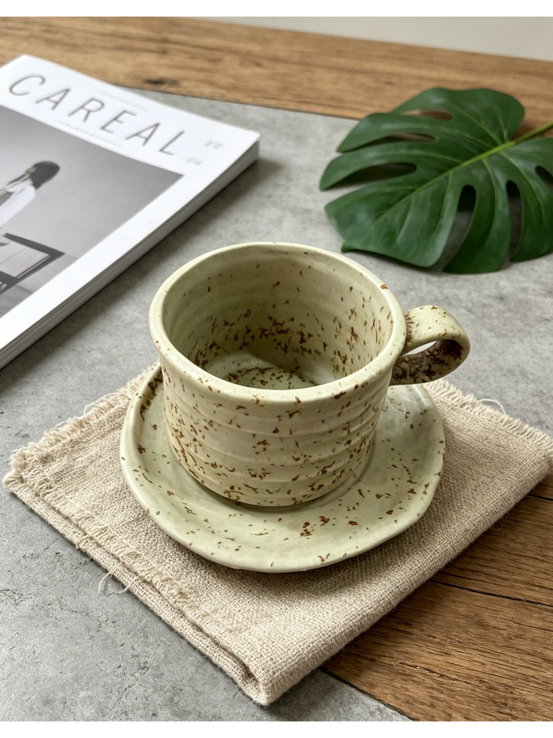 Kiln Spun Sesame — Jingdezhen Hand-Thrown Oatmeal Speckle Stoneware Mug & Saucer Set