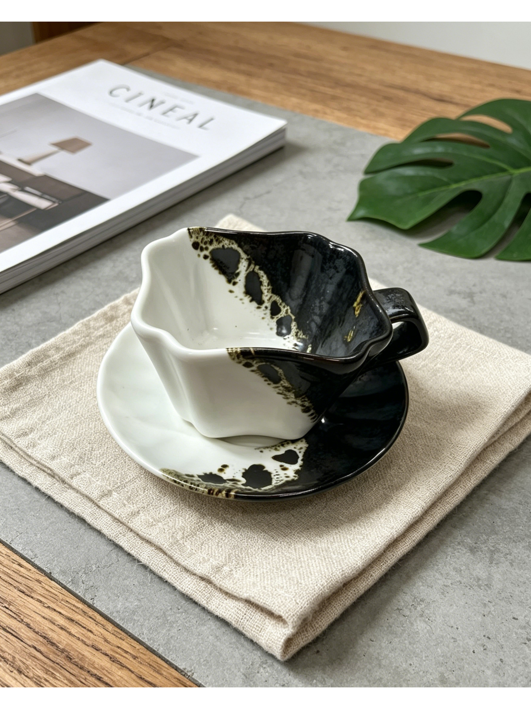 Tuxedo Ink Bloom — Jingdezhen Split-Glaze Fluted Pour-Over Dripper Set