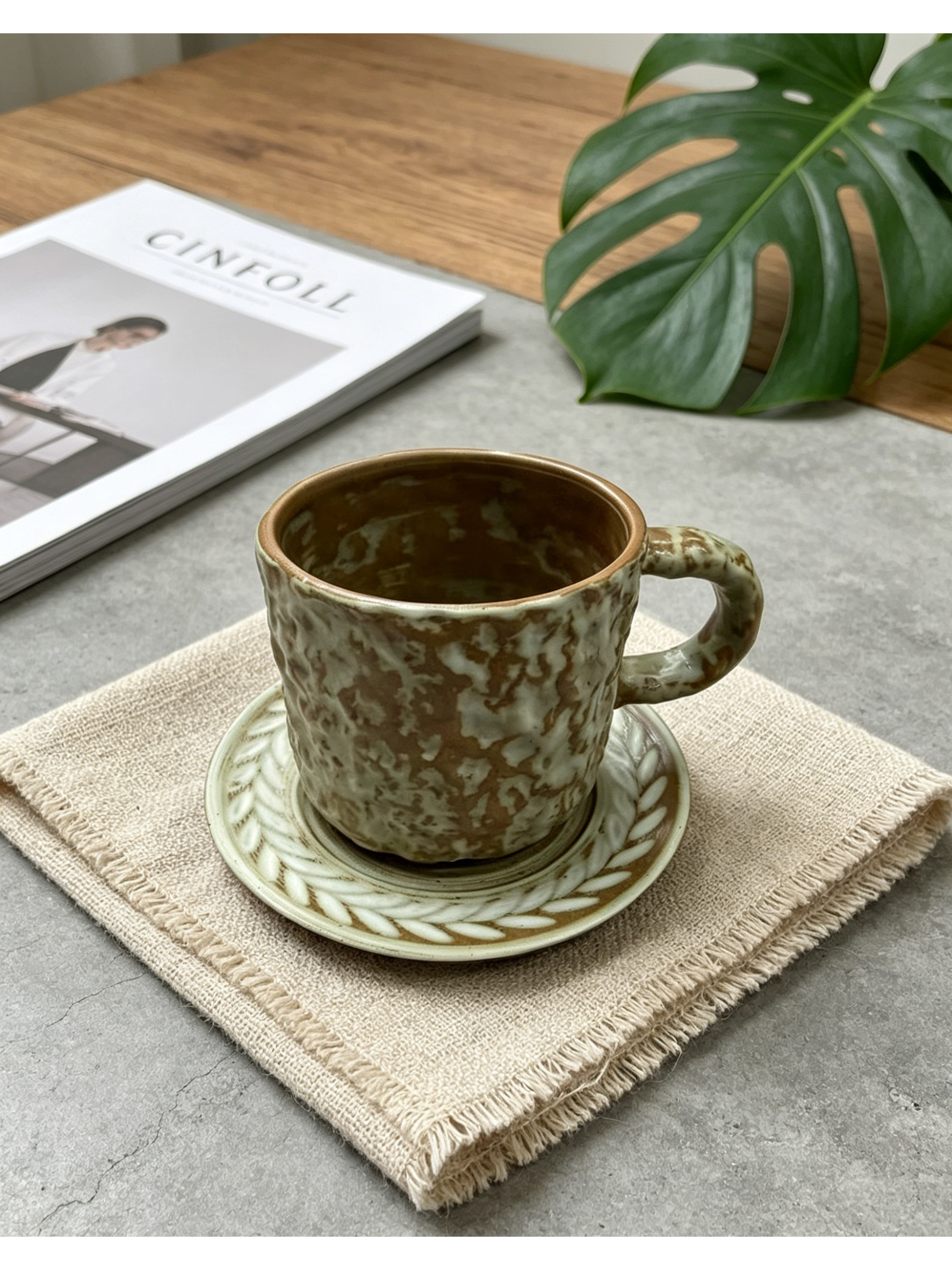 Mossy Kiln Stone — Jingdezhen Handcrafted Reactive Glaze Stoneware Mug & Saucer Set