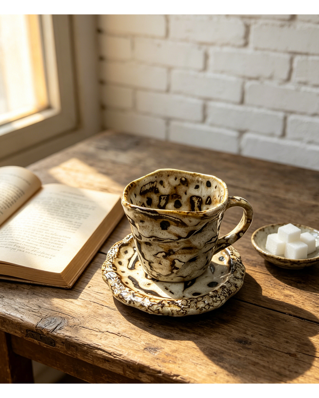 Handmade Speckled Ink Wabi-Sabi Ceramic Mug Set | One-of-a-Kind Jingdezhen Fold Cup & Saucer