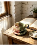 Half Split Blush Pink & Moss Green Wabi-Sabi Ceramic Mug Set | One-of-a-Kind Handmade Jingdezhen Cup & Saucer