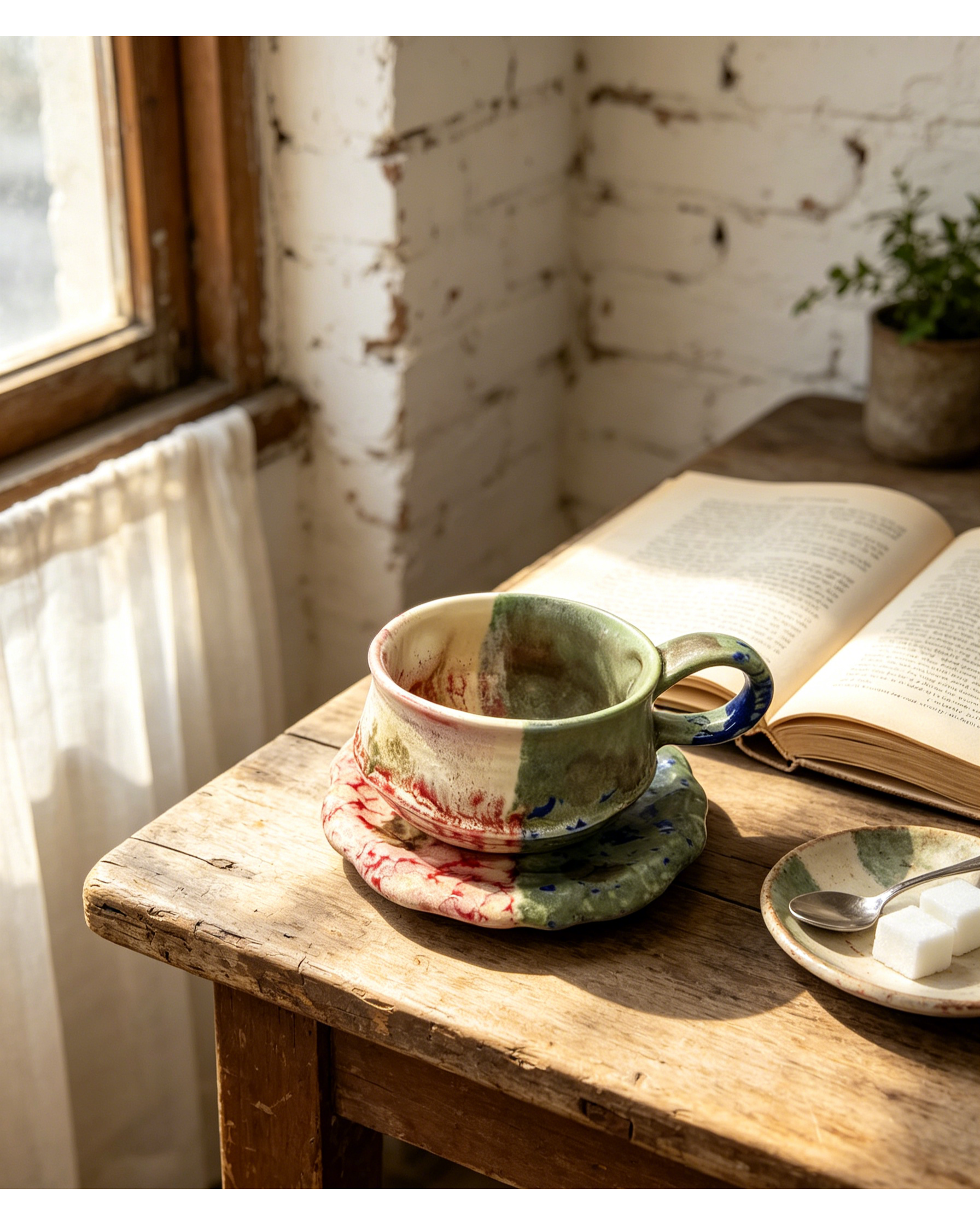 Half Split Blush Pink & Moss Green Wabi-Sabi Ceramic Mug Set | One-of-a-Kind Handmade Jingdezhen Cup & Saucer