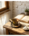 Marble Amber Ochre Mineral Flow Wabi-Sabi Ceramic Mug Set | One-of-a-Kind Hand Irregular Jingdezhen Cup & Saucer
