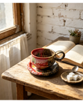 Half Split Crimson Red & Earth Dark Mineral Wabi-Sabi Ceramic Mug Set | One-of-a-Kind Handmade Jingdezhen Cup & Saucer