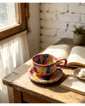 Abstract Bold Color Splash Wabi-Sabi Ceramic Mug Set | One-of-a-Kind Handmade Jingdezhen Irregular Cup & Saucer