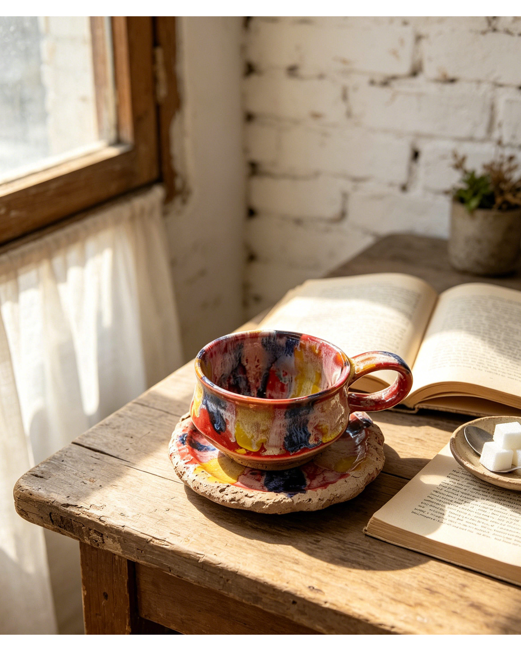 Abstract Bold Color Splash Wabi-Sabi Ceramic Mug Set | One-of-a-Kind Handmade Jingdezhen Irregular Cup & Saucer
