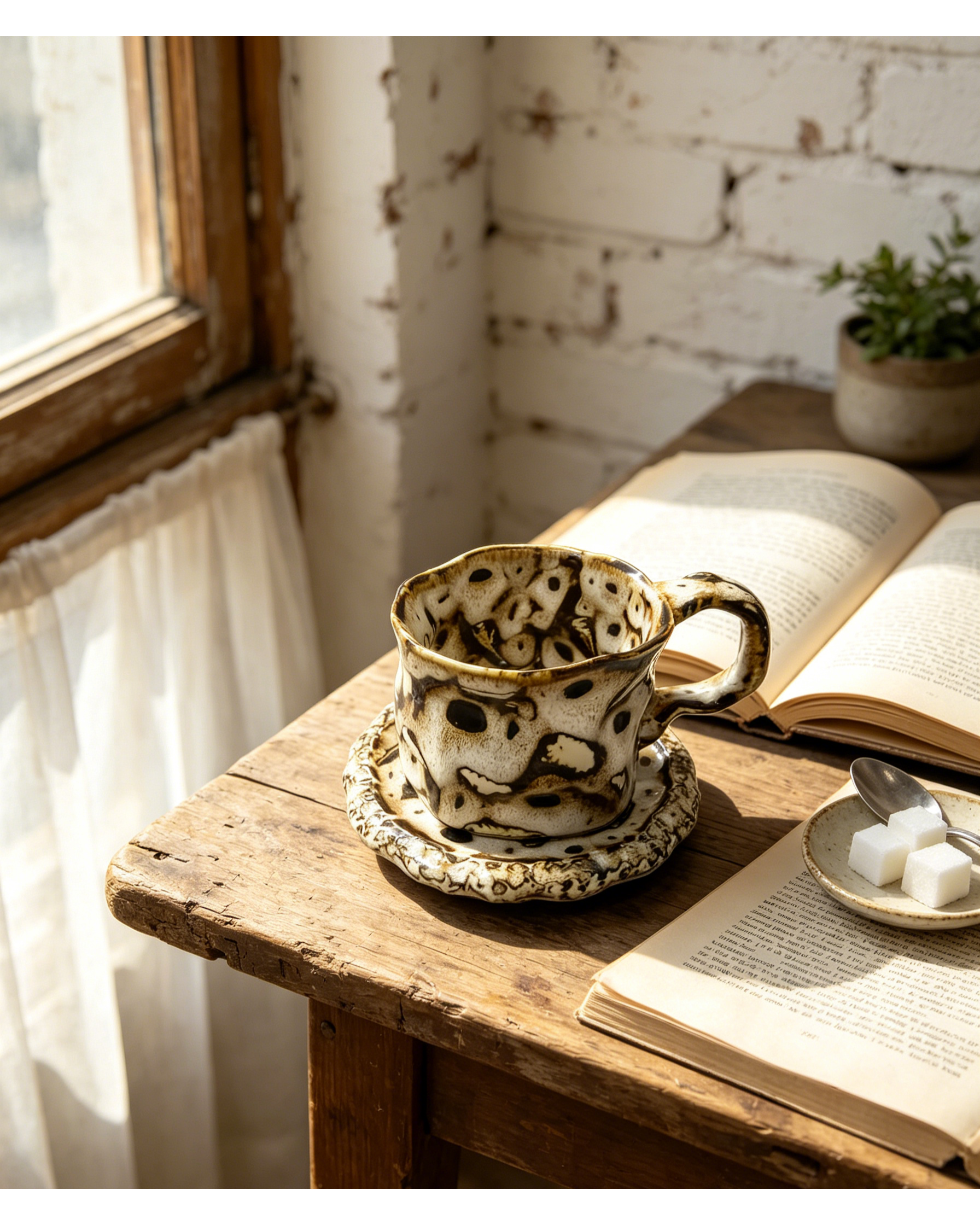 Leopard Spotted Wabi-Sabi Ceramic Mug Set | One-of-a-Kind Hand-folded Jingdezhen Cup & Saucer