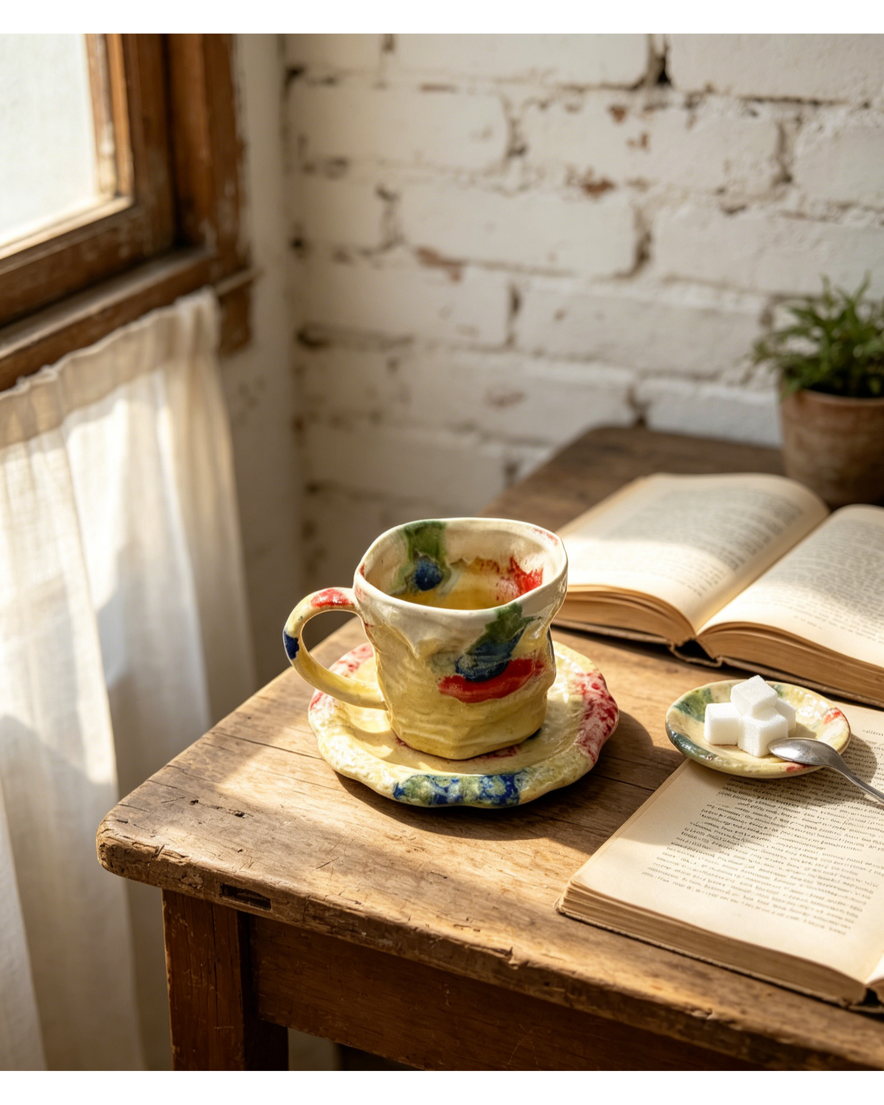 Pastel Primary Splash Wabi-Sabi Ceramic Mug Set | One-of-a-Kind Hand Crinkled Jingdezhen Cup & Saucer