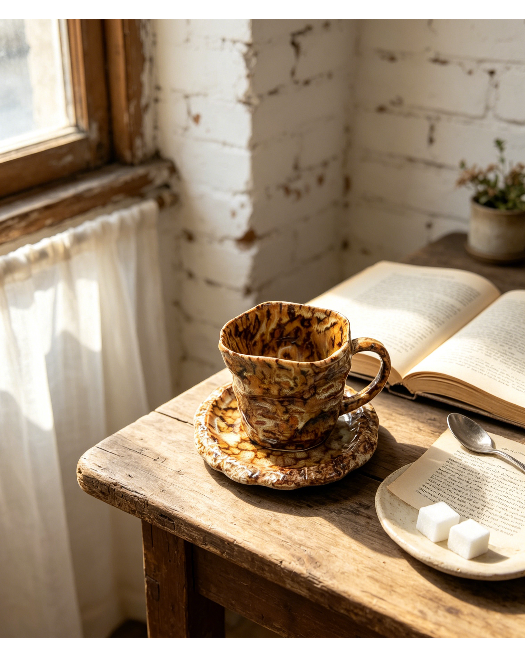 Vintage Cracked Amber Agate Wabi-Sabi Ceramic Mug Set | One-of-a-Kind Hand Crinkled Jingdezhen Cup & Saucer