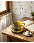 Half Split Moss Green & Lemon Yellow Wabi-Sabi Ceramic Mug Set | One-of-a-Kind Handmade Jingdezhen Cup & Saucer