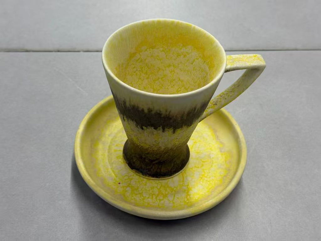 Golden Hour Drip — Jingdezhen Folk-Kiln Reactive Glaze Tall Espresso Cup & Saucer Set