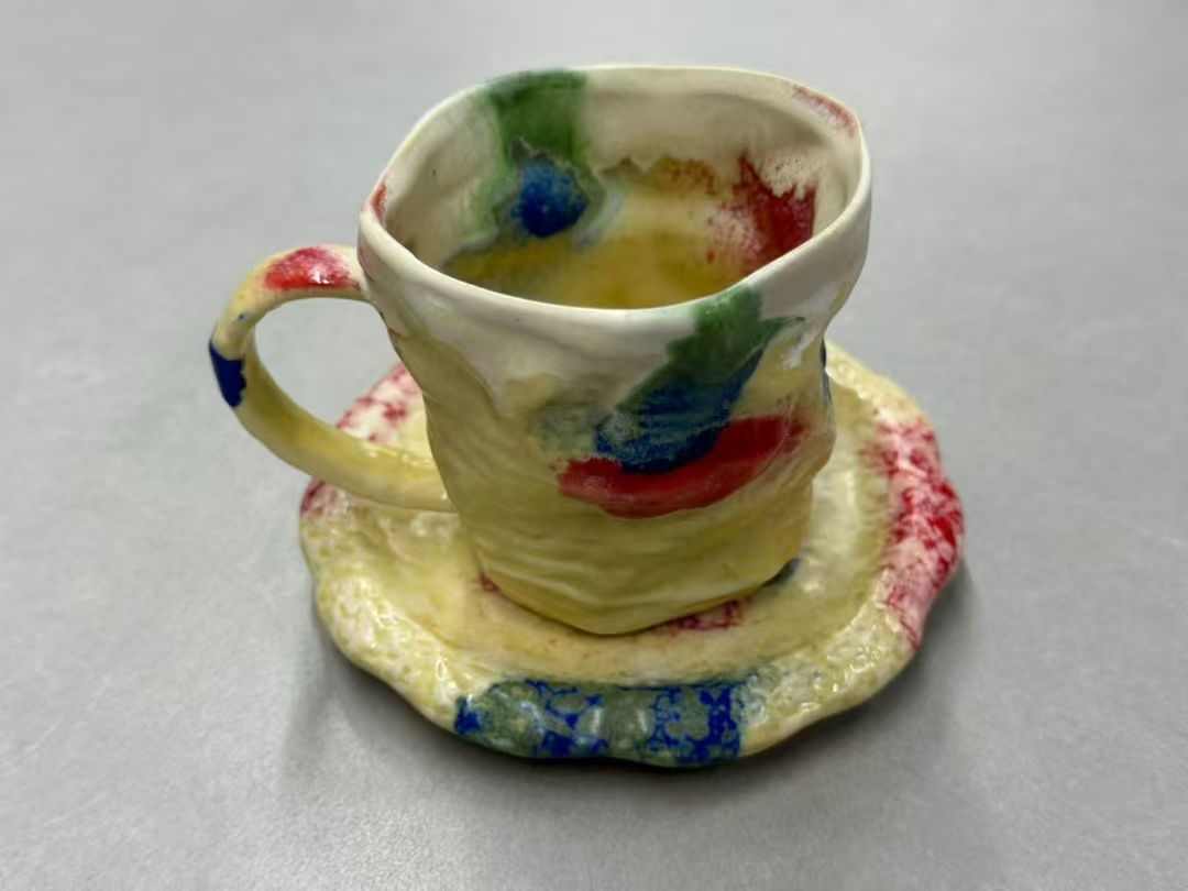 Pastel Primary Splash Wabi-Sabi Ceramic Mug Set | One-of-a-Kind Hand Crinkled Jingdezhen Cup & Saucer