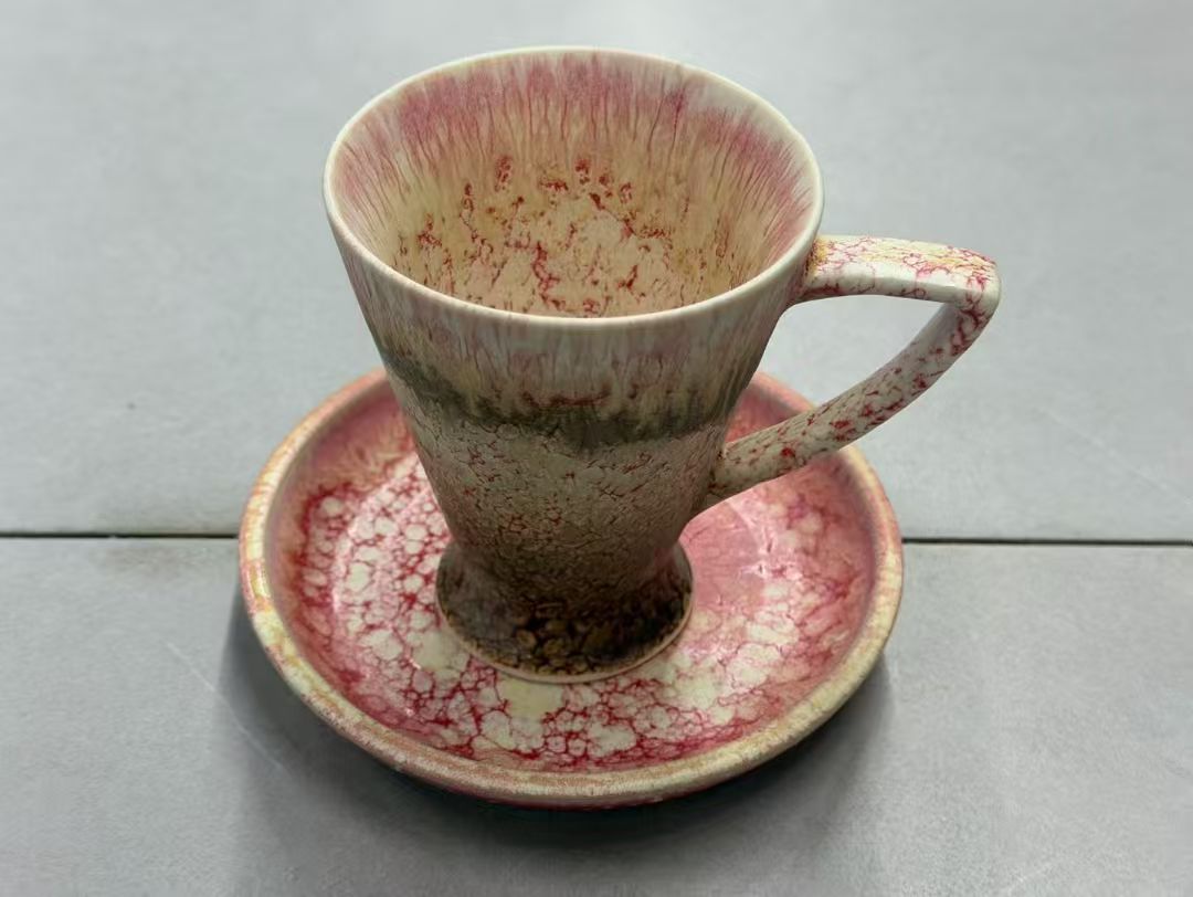 Coral Vein — Jingdezhen Peach-Bloom Kiln Glaze Tall Espresso Cup & Saucer Set
