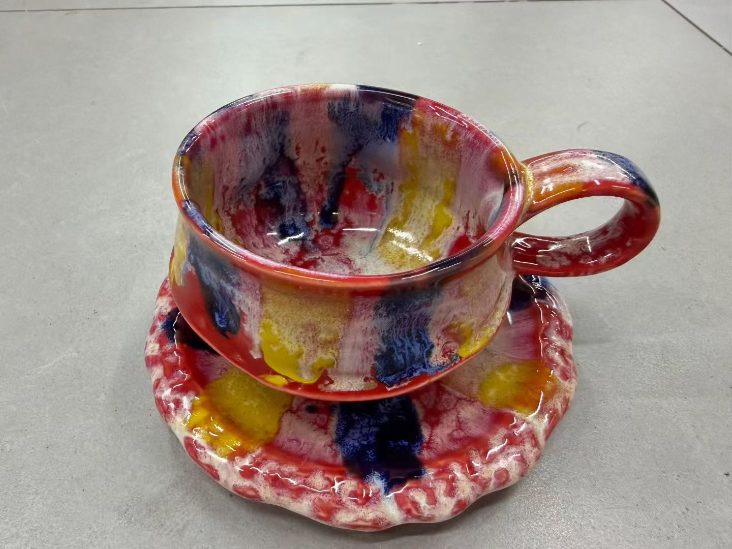 Abstract Bold Color Splash Wabi-Sabi Ceramic Mug Set | One-of-a-Kind Handmade Jingdezhen Irregular Cup & Saucer