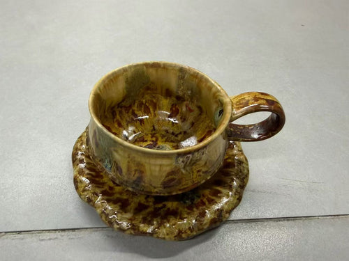 Autumn Wilderness Flow Glaze Wabi-Sabi Ceramic Mug Set | One-of-a-Kind Handmade Jingdezhen Cup & Saucer
