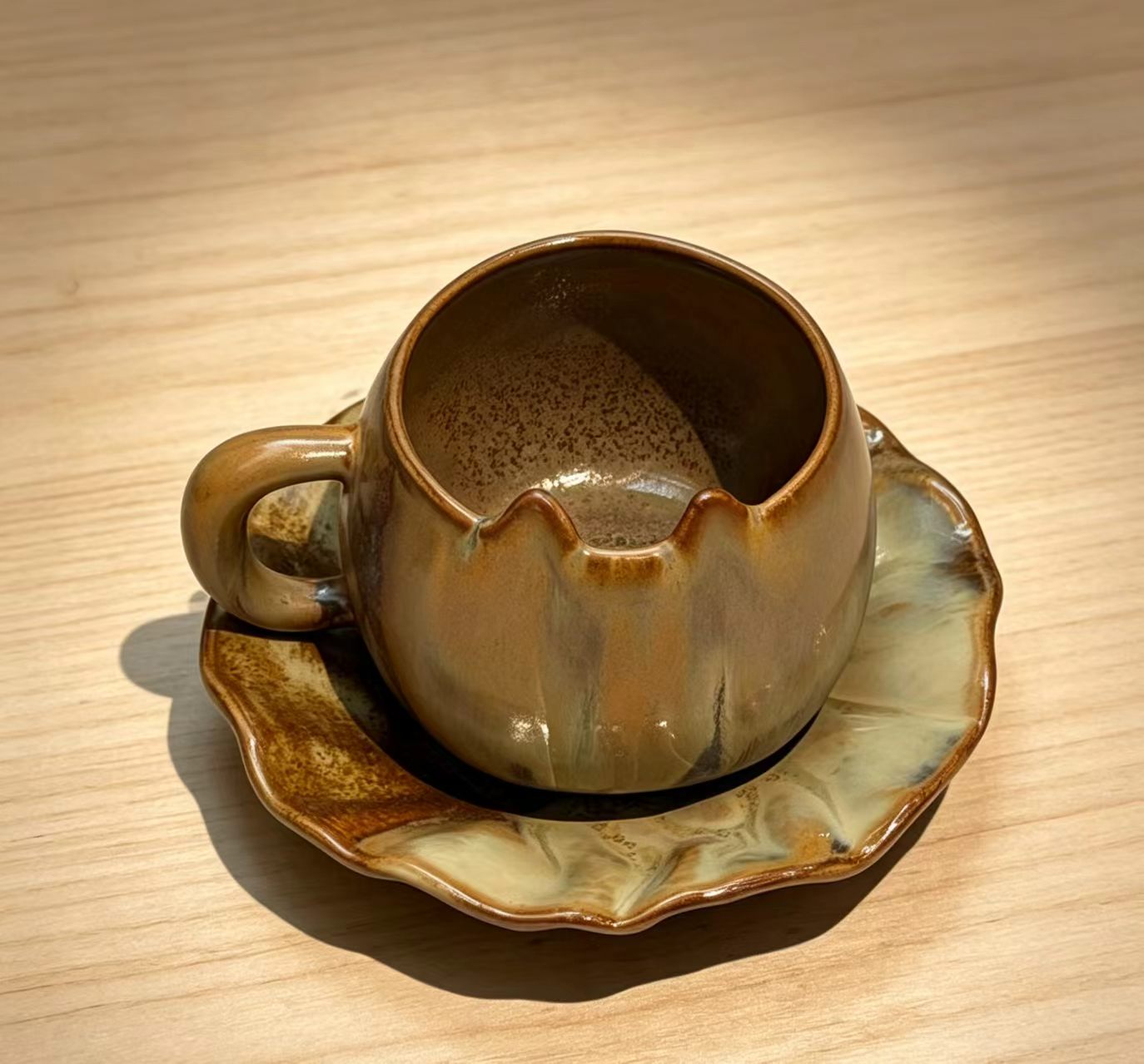 Jingdezhen Wood-Fired Cat Ear Ceramic Mug & Saucer Set
