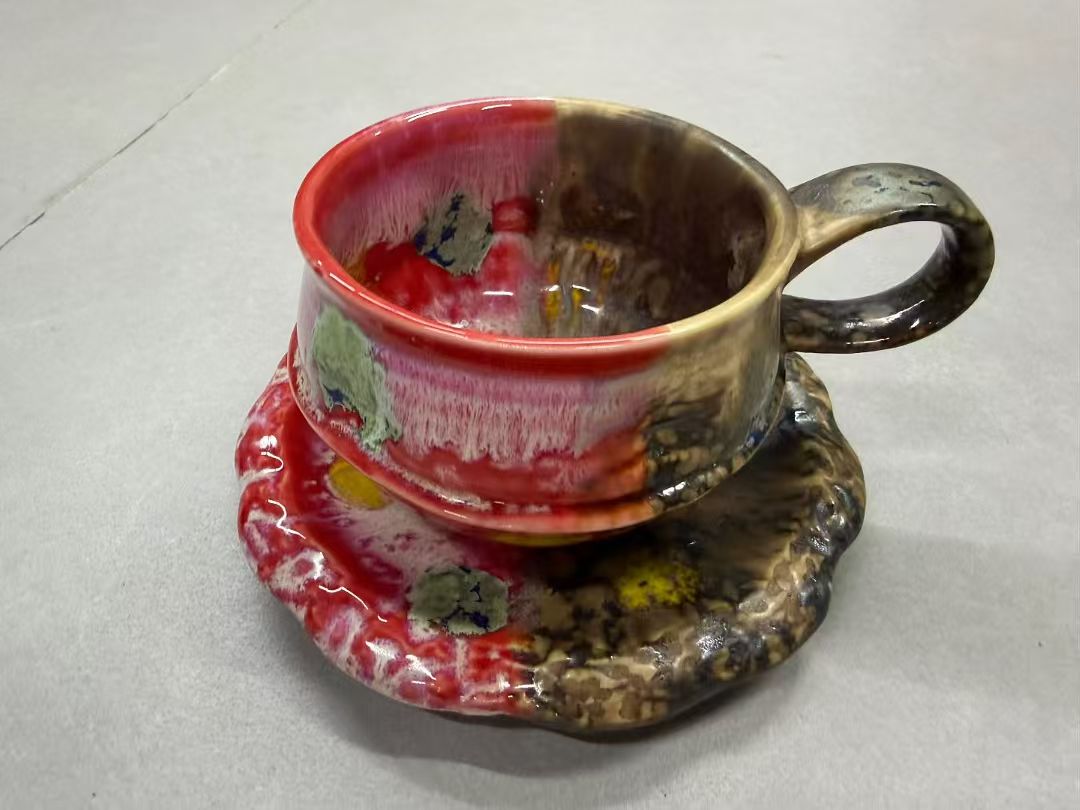 Half Split Crimson Red & Earth Dark Mineral Wabi-Sabi Ceramic Mug Set | One-of-a-Kind Handmade Jingdezhen Cup & Saucer