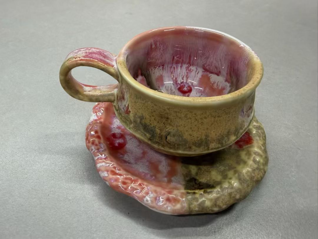 Blush Pink Earth Split Glaze Wabi-Sabi Ceramic Mug Set | One-of-a-Kind Handmade Jingdezhen Cup & Saucer