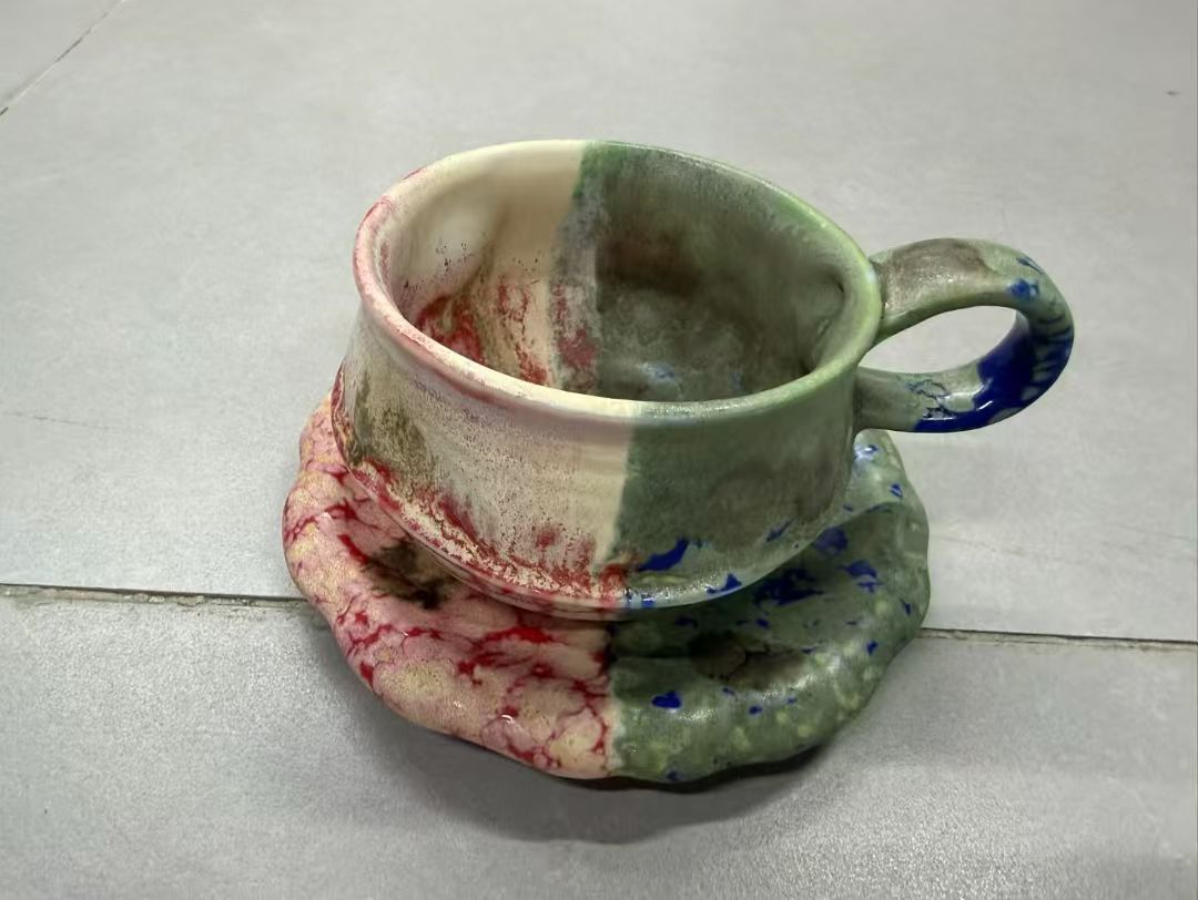 Half Split Blush Pink & Moss Green Wabi-Sabi Ceramic Mug Set | One-of-a-Kind Handmade Jingdezhen Cup & Saucer