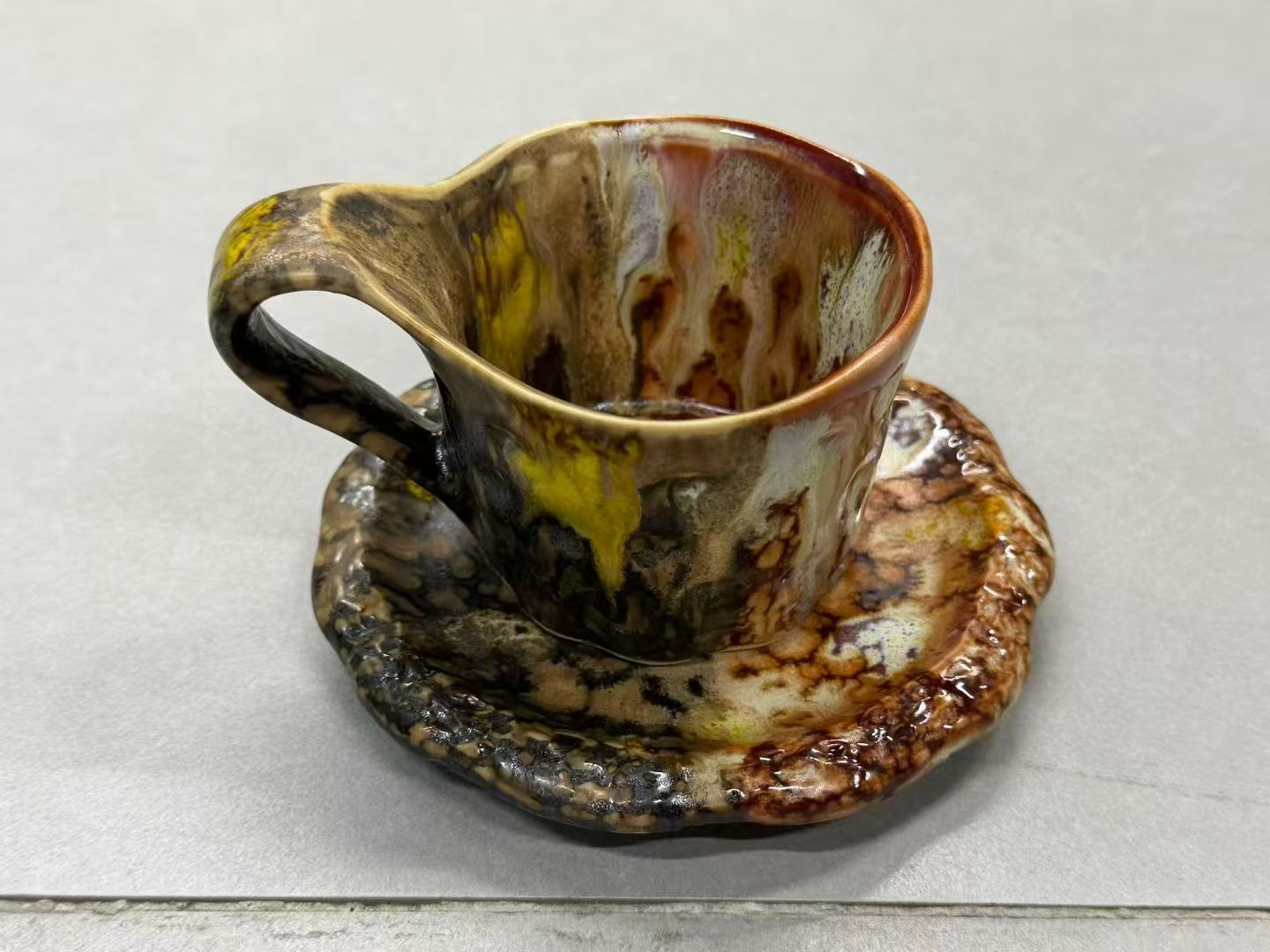 Marble Amber Ochre Mineral Flow Wabi-Sabi Ceramic Mug Set | One-of-a-Kind Hand Irregular Jingdezhen Cup & Saucer