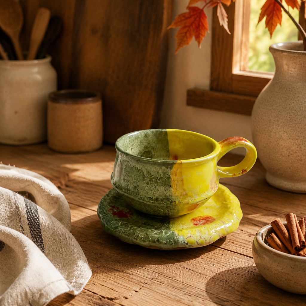 Solar Glade – Handcrafted Jingdezhen Reactive Glaze Mug & Saucer