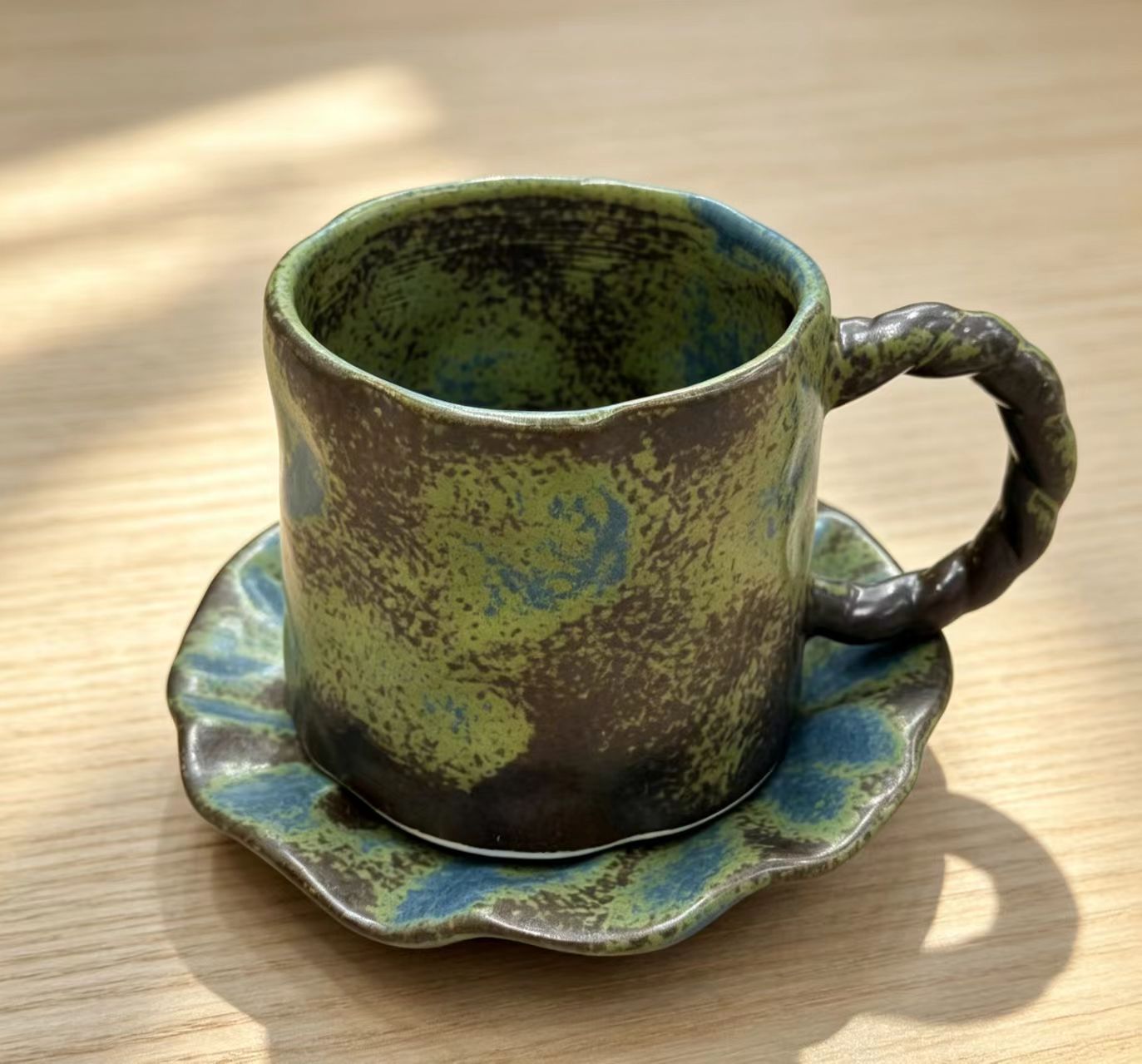 Jingdezhen Mossy Forest Hand-Thrown Ceramic Mug & Saucer Set