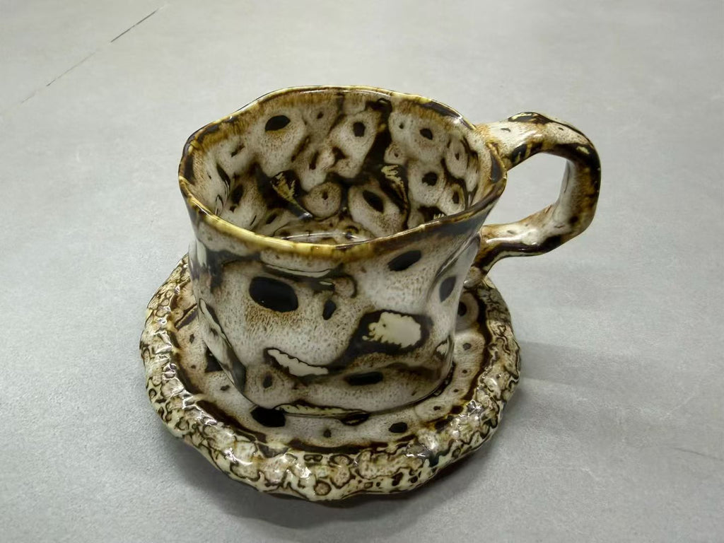 Leopard Spotted Wabi-Sabi Ceramic Mug Set | One-of-a-Kind Hand-folded Jingdezhen Cup & Saucer