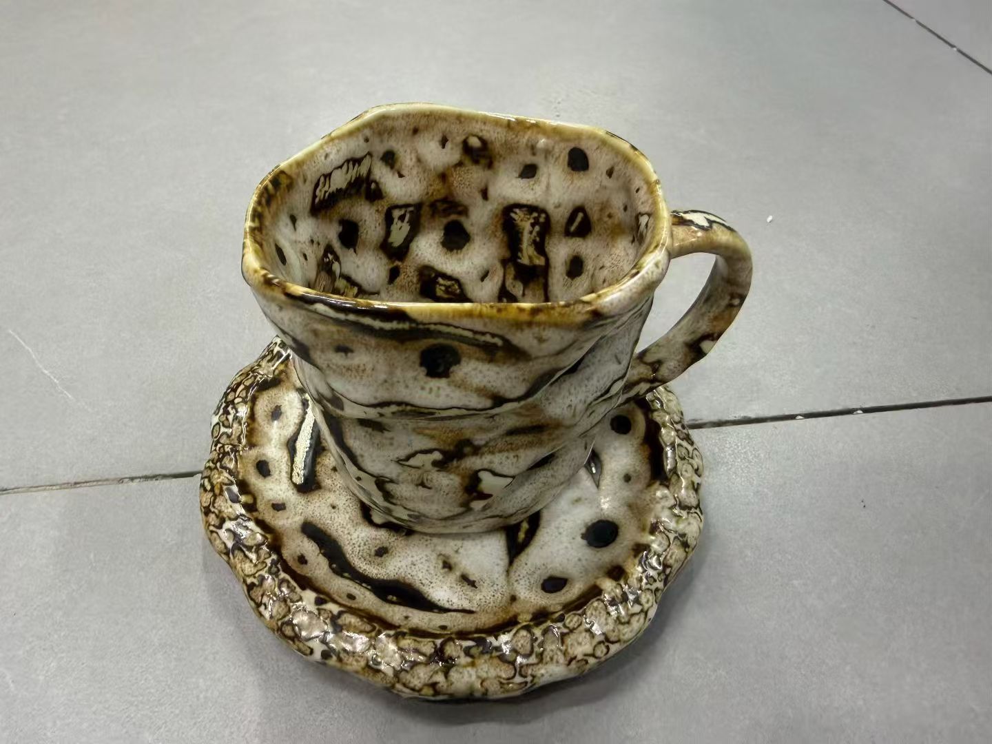 Handmade Speckled Ink Wabi-Sabi Ceramic Mug Set | One-of-a-Kind Jingdezhen Fold Cup & Saucer